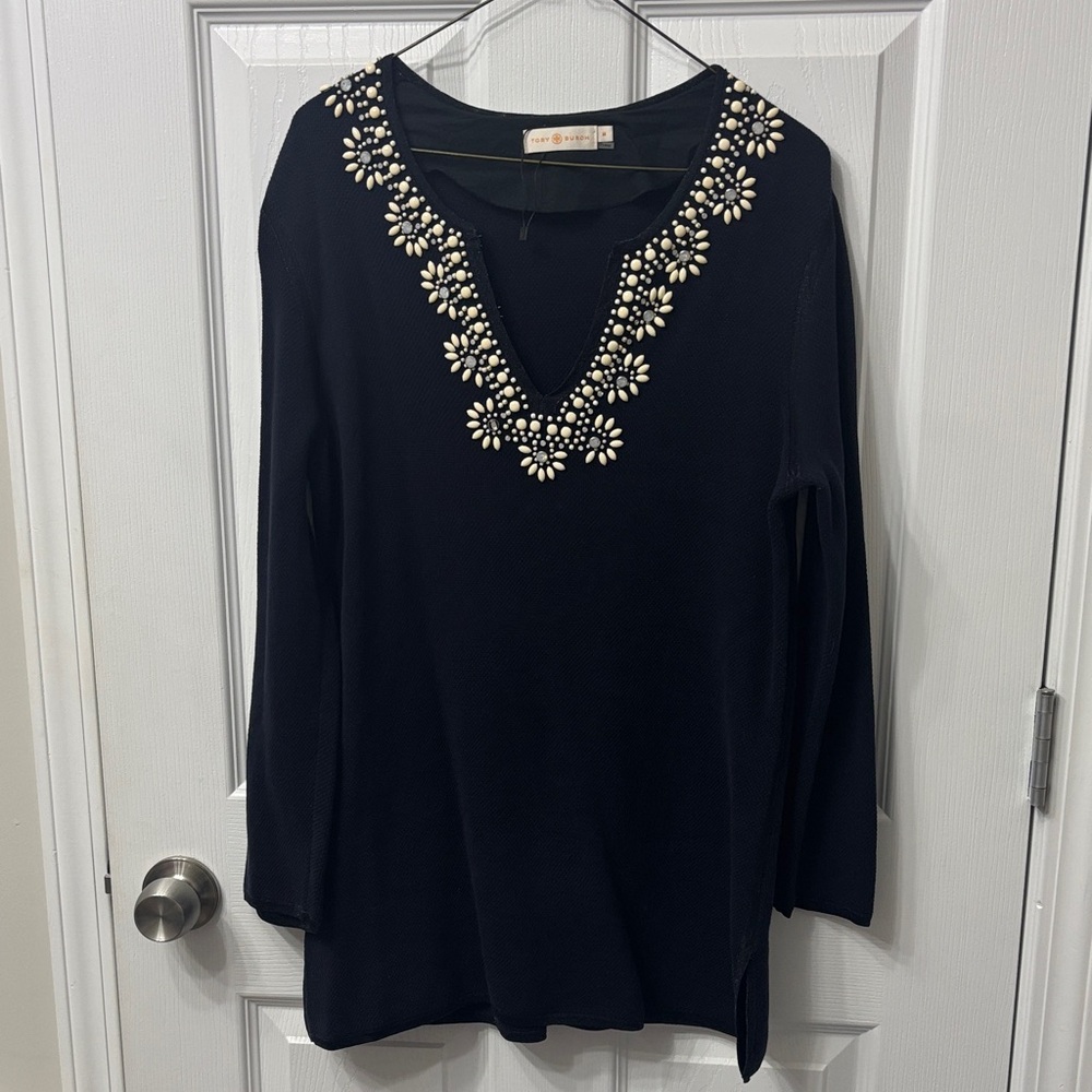 Tory Burch Black Tunic with Floral Embellishments